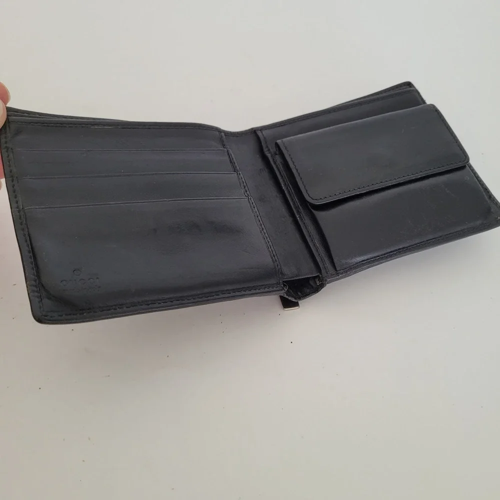Gucci Mens Black Leather Bifold Wallet Silver Logo Tab 034-3761-1082 Made Italy